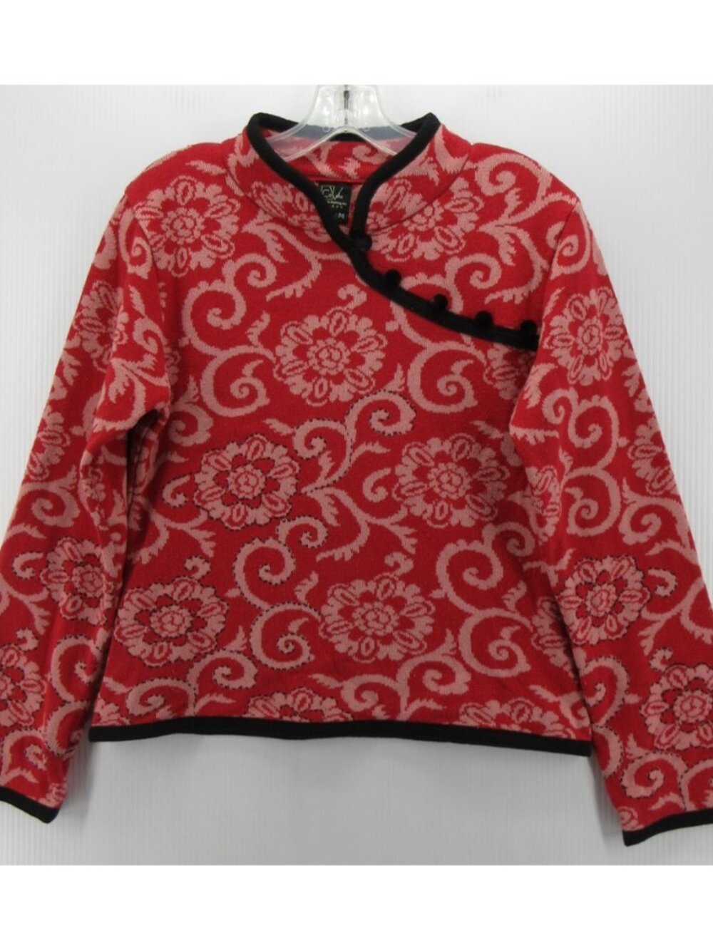 Covelo Sweater Medium Silk Wool Blend Pullover Floral Mandarin Collar*